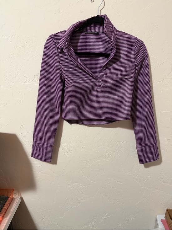 Zara Tops - Zara Purple Houndstooth Collared Cropped Long Sleeve Top